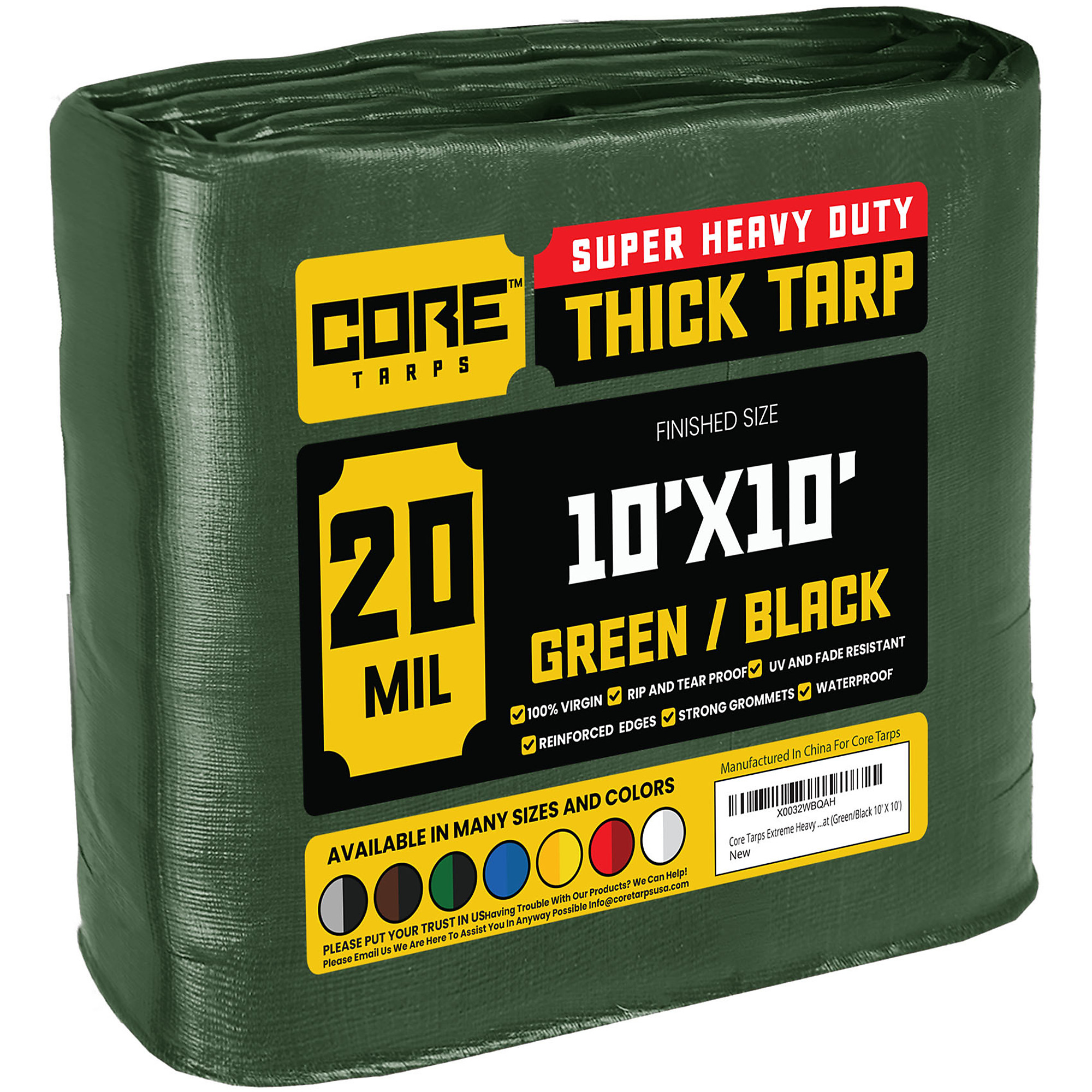 Core Tarps Extreme Heavy-Duty Tarp Cover — 20 Mil, Waterproof, UV-Resistant, Rip and Tear Proof, Poly, Reinforced Edges, Green/Black, 10ft. x 10ft., Model# CT-703-10X10